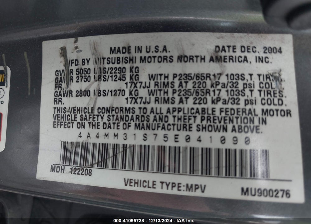 2005 MITSUBISHI ENDEAVOR XLS VIN: 4A4MM31S75E041090