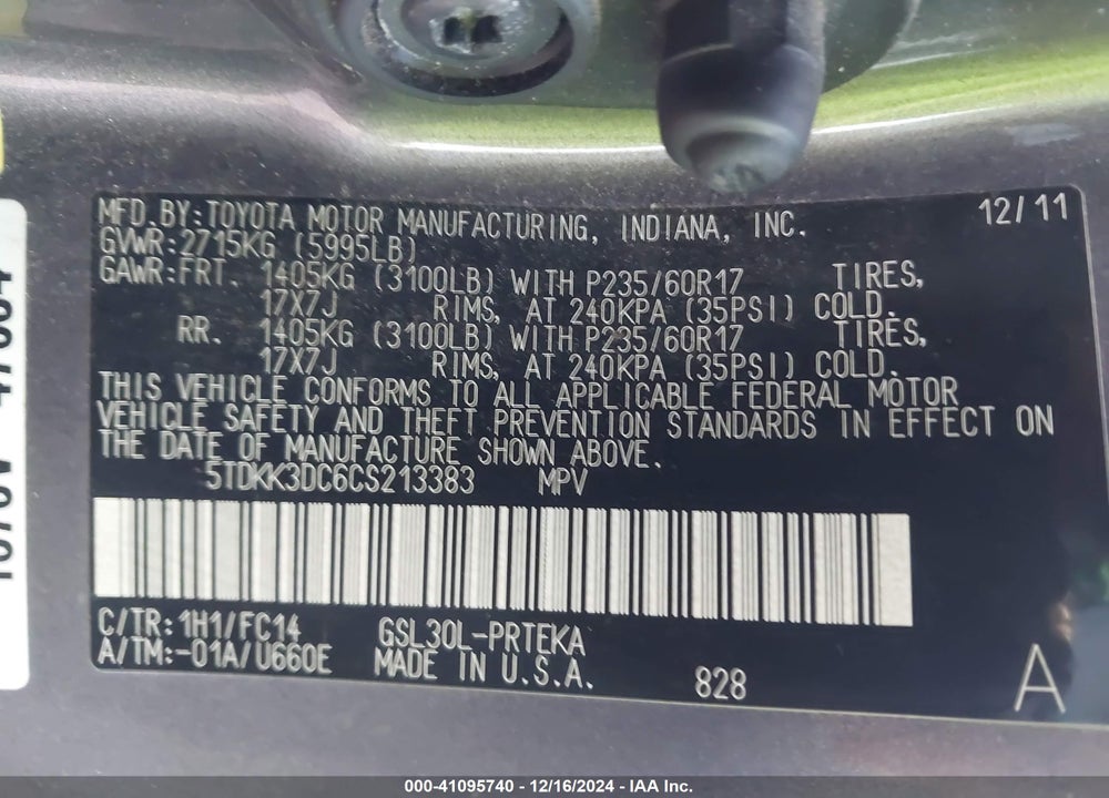 2012 TOYOTA SIENNA LE V6 8 PASSENGER VIN: 5TDKK3DC6CS213383