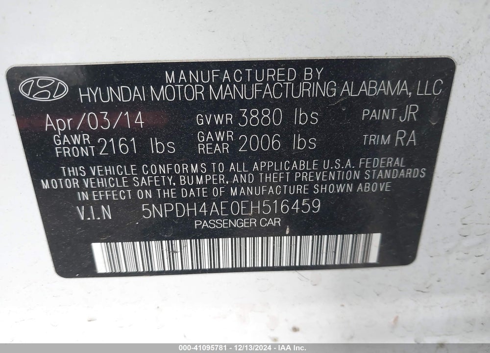 2014 HYUNDAI ELANTRA SE VIN: 5NPDH4AE0EH516459