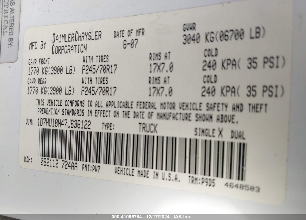 2007 DODGE RAM 1500 ST VIN: 1D7HU18N47J636122