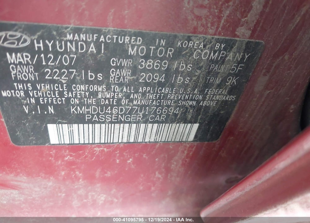 2007 HYUNDAI ELANTRA GLS/LIMITED/SE VIN: KMHDU46D77U176694