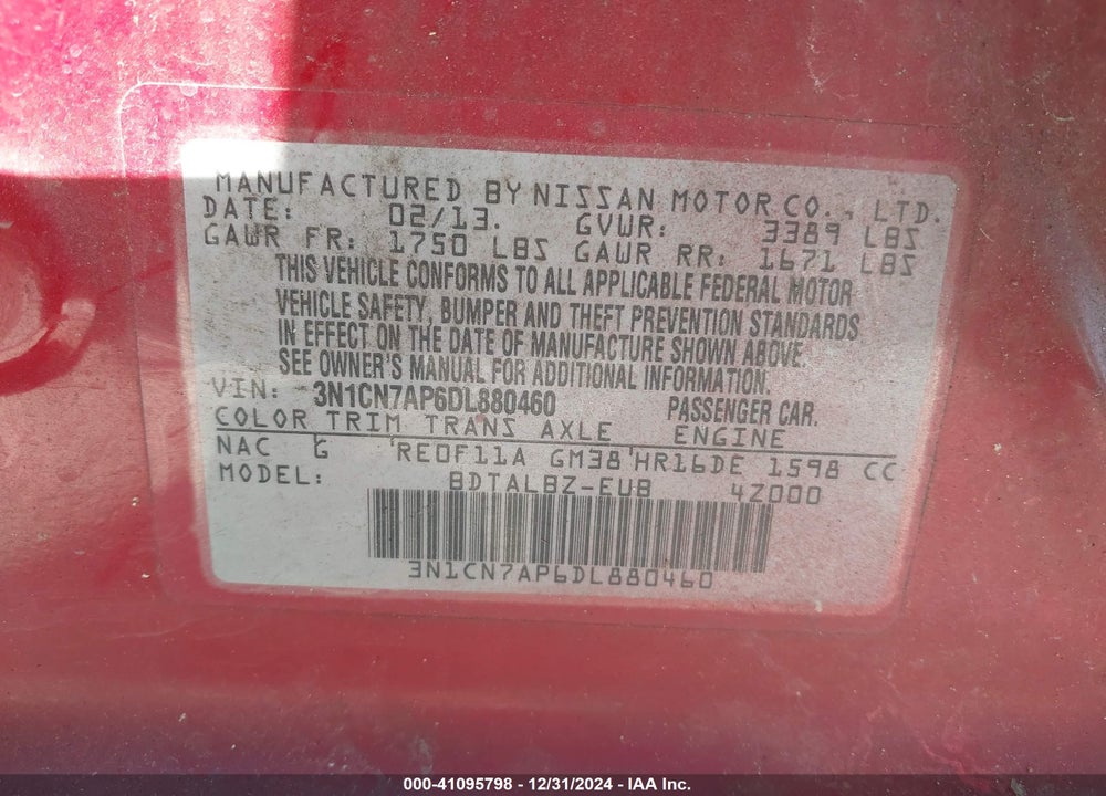 2013 NISSAN VERSA 1.6 SV VIN: 3N1CN7AP6DL880460