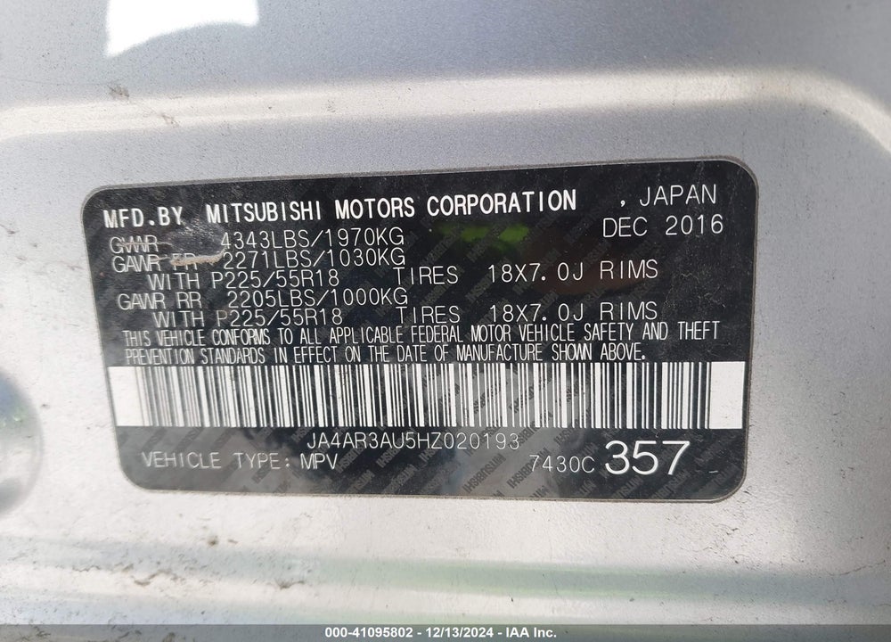 2017 MITSUBISHI OUTLANDER SPORT 2.0 ES/2.0 LE VIN: JA4AR3AU5HZ020193
