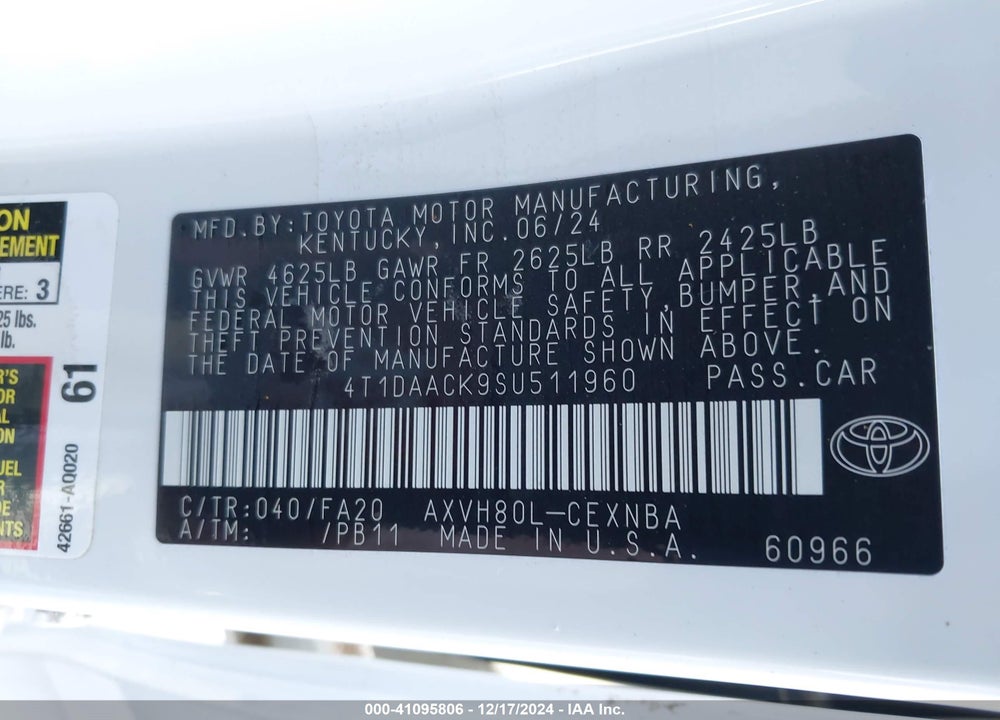 2025 TOYOTA CAMRY LE VIN: 4T1DAACK9SU511960