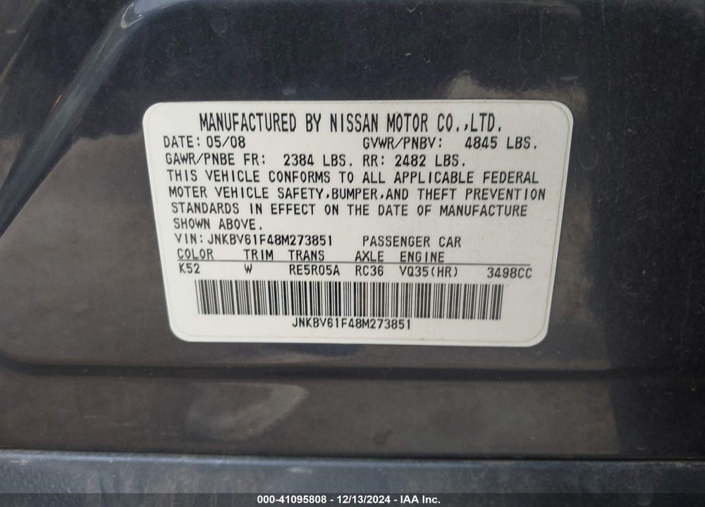 2008 INFINITI G35X VIN: JNKBV61F48M273851