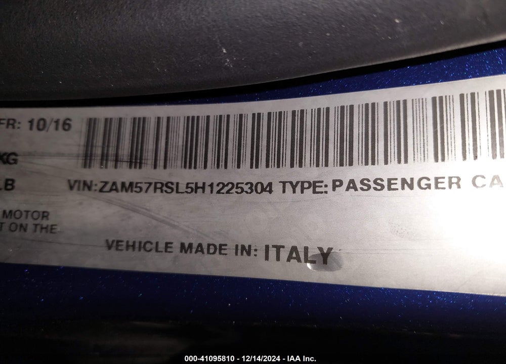 2017 MASERATI GHIBLI S VIN: ZAM57RSL5H1225304