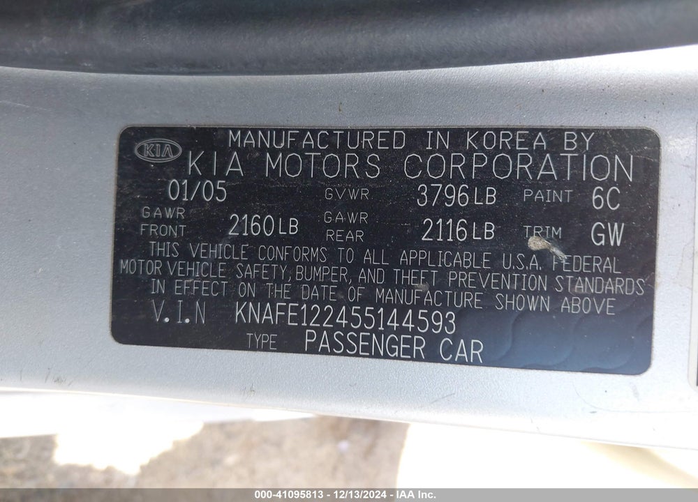2005 KIA SPECTRA EX/LX/SX VIN: KNAFE122455144593