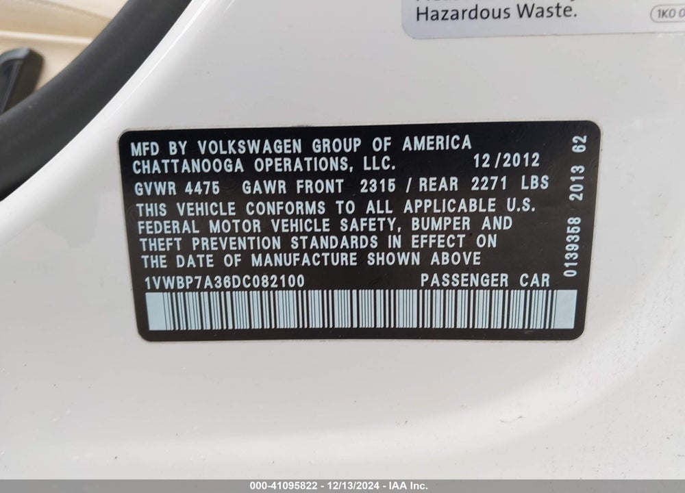 2013 VOLKSWAGEN PASSAT 2.5L SE VIN: 1VWBP7A36DC082100
