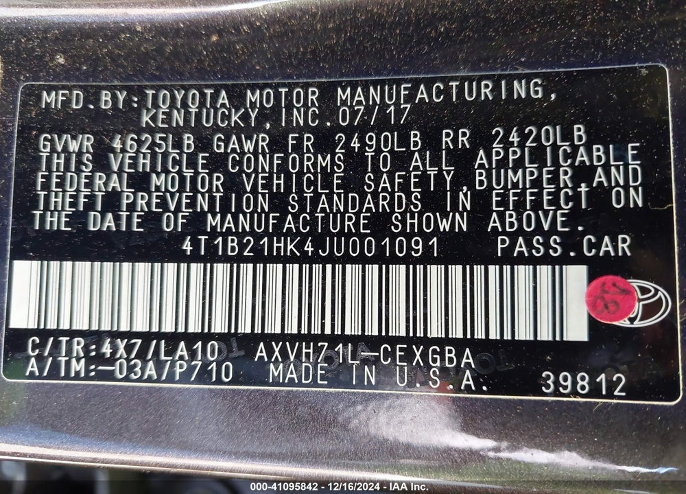 2018 TOYOTA CAMRY HYBRID XLE VIN: 4T1B21HK4JU001091