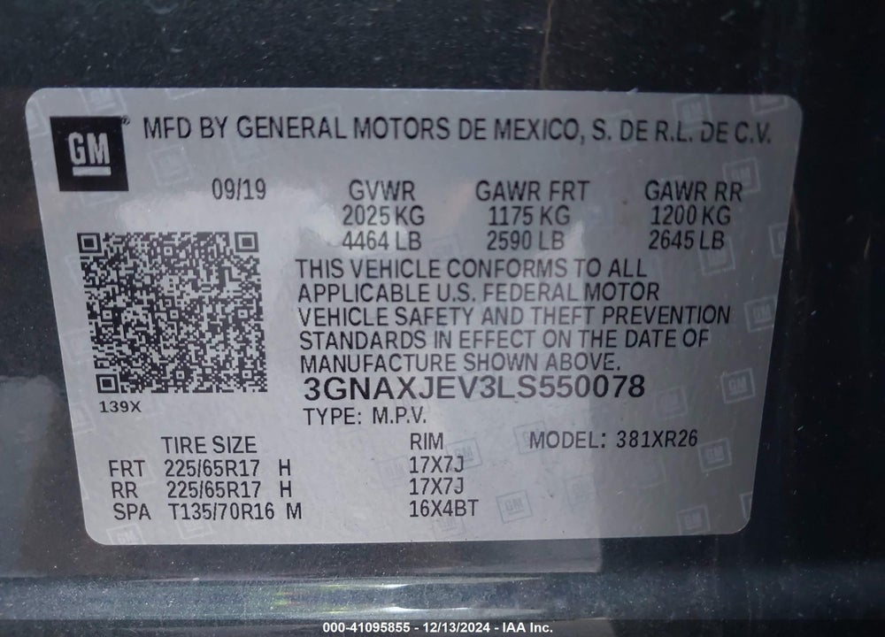 2020 CHEVROLET EQUINOX FWD 2FL VIN: 3GNAXJEV3LS550078