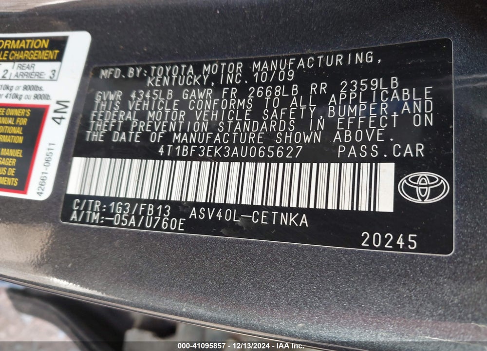 2010 TOYOTA CAMRY LE VIN: 4T1BF3EK3AU065627