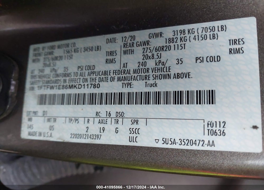 2021 FORD F-150 XLT VIN: 1FTFW1E86MKD11780