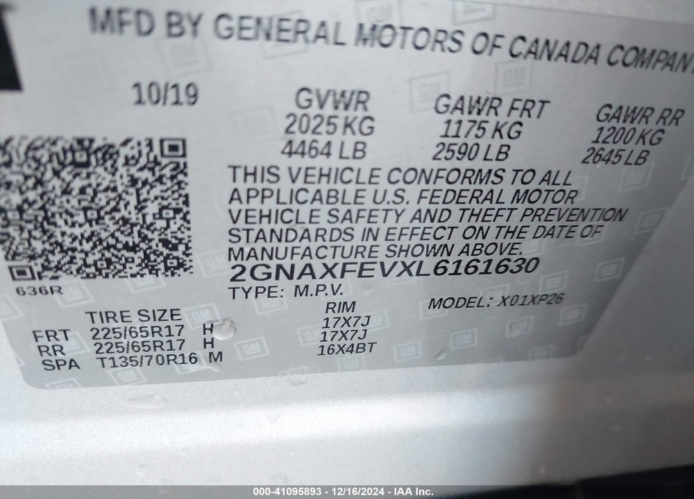 2020 CHEVROLET EQUINOX FWD 1FL VIN: 2GNAXFEVXL6161630
