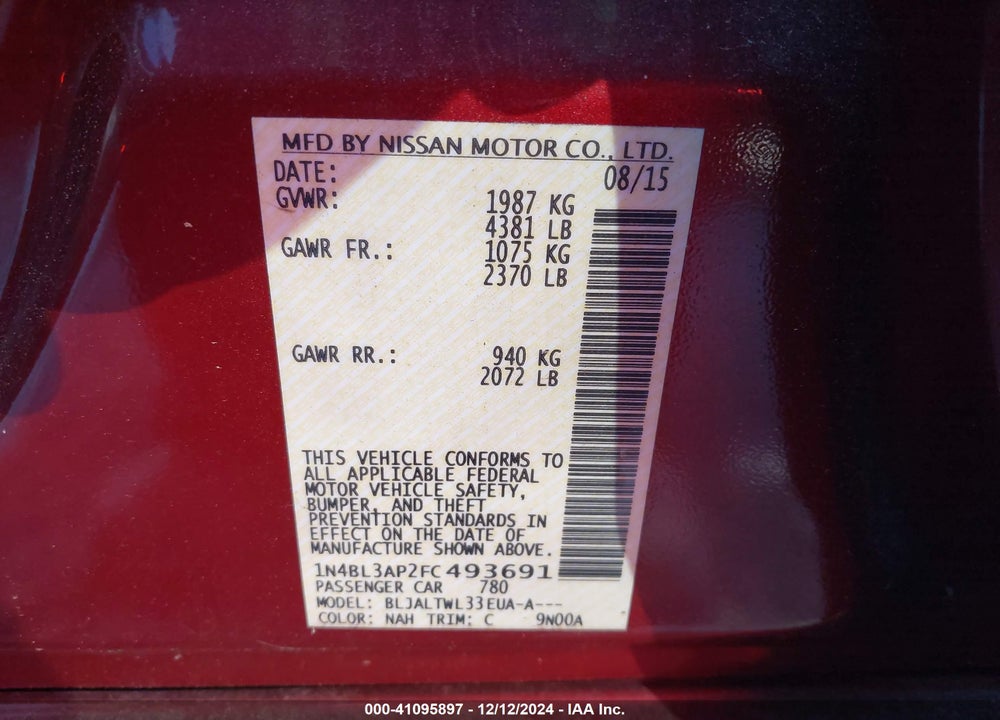 2015 NISSAN ALTIMA 3.5 S/3.5 SL/3.5 SV VIN: 1N4BL3AP2FC493691