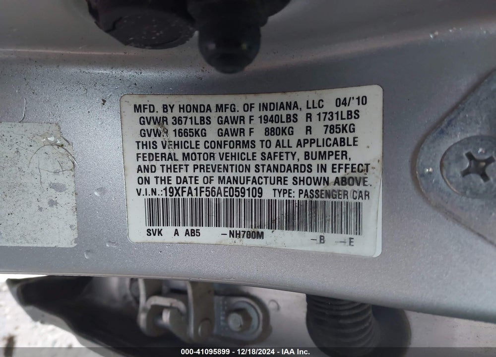2010 HONDA CIVIC VIN: 19XFA1F56AE059109