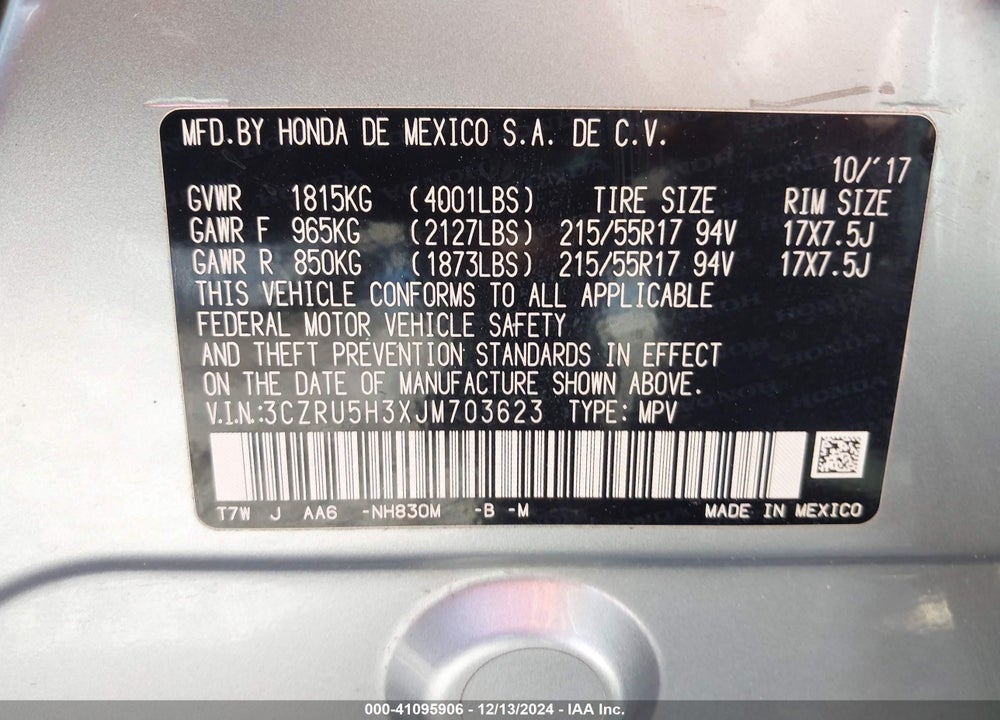 2018 HONDA HR-V LX VIN: 3CZRU5H3XJM703623