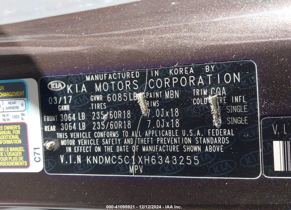 2017 KIA SEDONA EX VIN: KNDMC5C1XH6343255