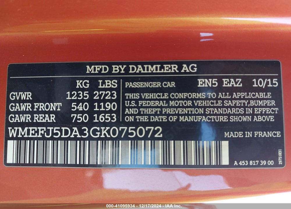 2016 SMART FORTWO VIN: WMEFJ5DA3GK075072