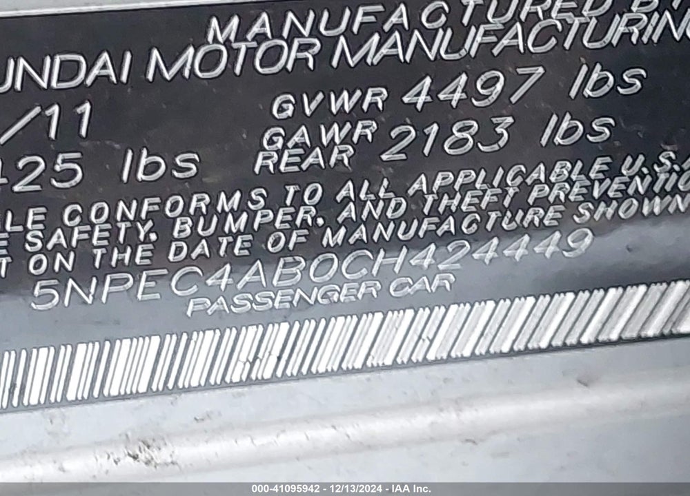 2012 HYUNDAI SONATA SE 2.0T VIN: 5NPEC4AB0CH424449