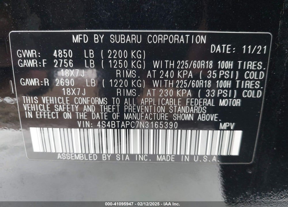 2022 SUBARU OUTBACK TOURING VIN: 4S4BTAPC7N3165390