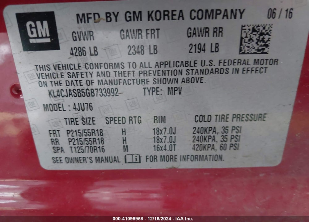 2016 BUICK ENCORE VIN: KL4CJASB5GB733992