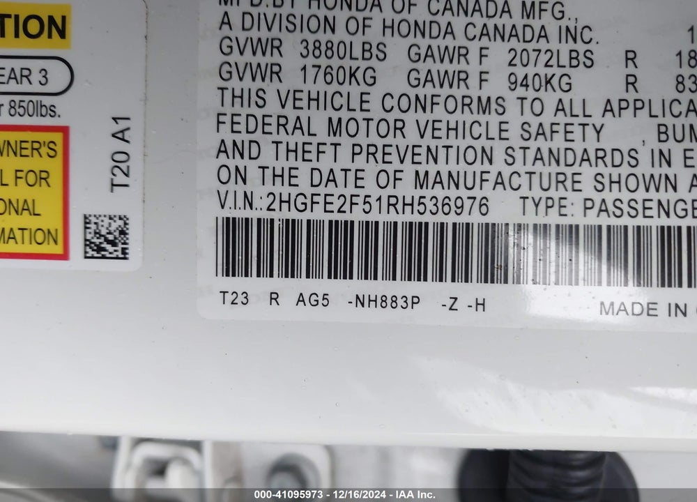2024 HONDA CIVIC VIN: 2HGFE2F51RH536976