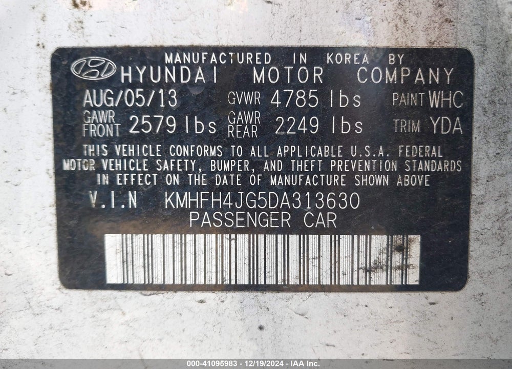 2013 HYUNDAI AZERA VIN: KMHFH4JG5DA313630