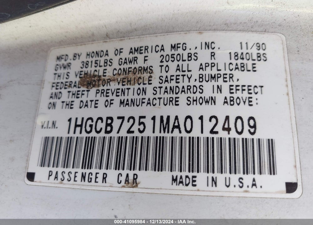 1991 HONDA ACCORD LX VIN: 1HGCB7251MA012409
