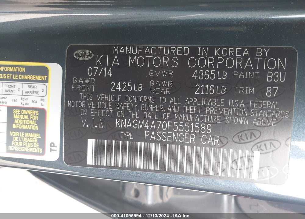 2015 KIA OPTIMA LX VIN: KNAGM4A70F5551589