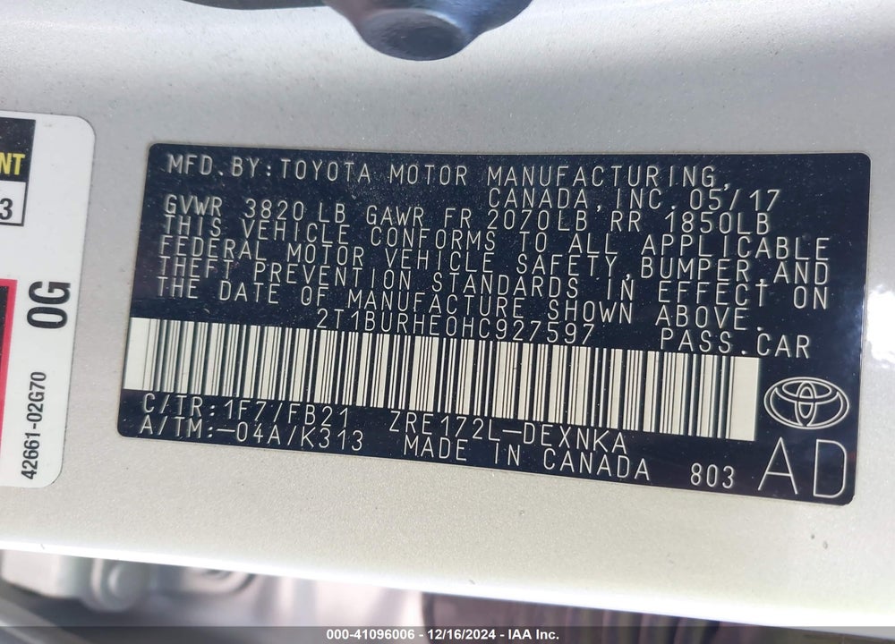 2017 TOYOTA COROLLA LE VIN: 2T1BURHE0HC927597