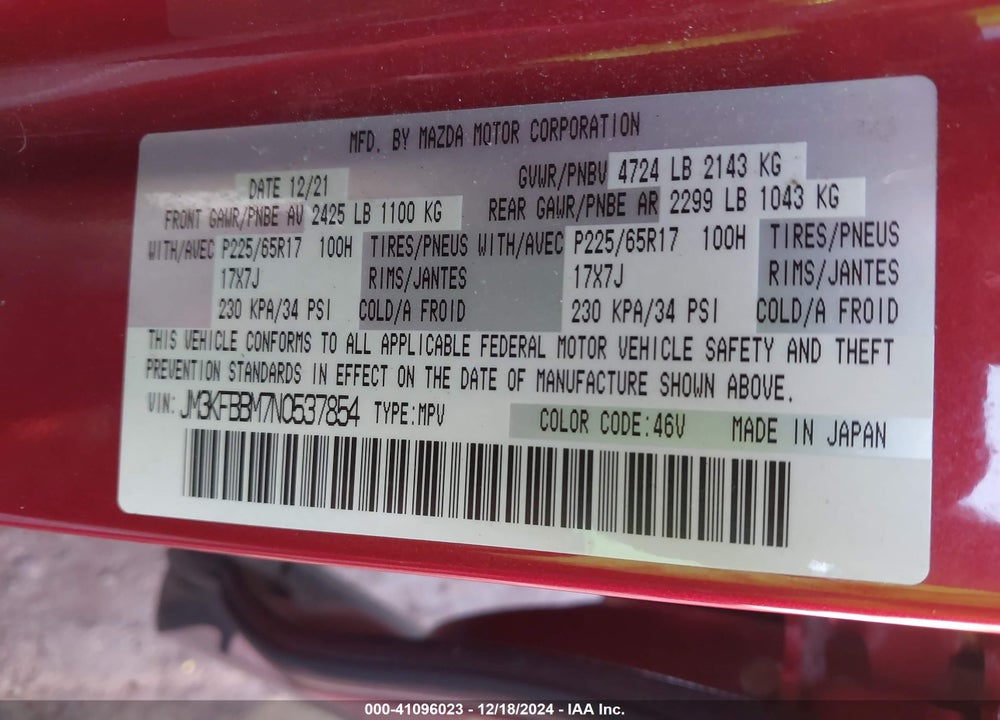 2022 MAZDA CX-5 VIN: JM3KFBBM7N0537854