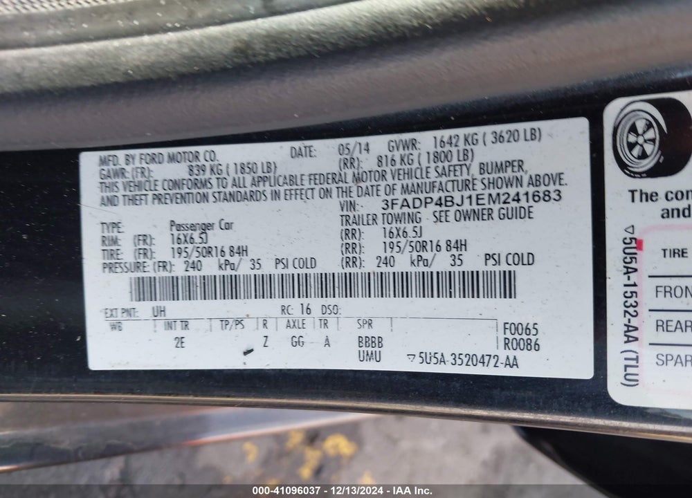 2014 FORD FIESTA SE VIN: 3FADP4BJ1EM241683