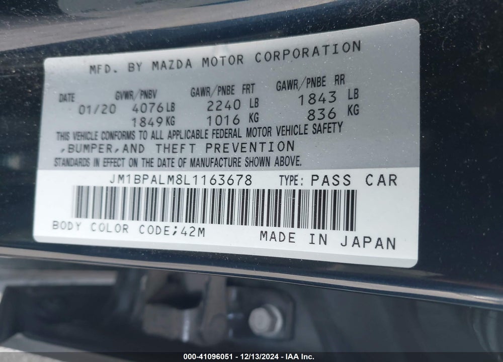 2020 MAZDA MAZDA3 VIN: JM1BPALM8L1163678