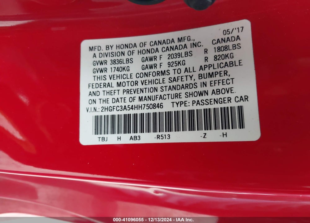 2017 HONDA CIVIC SI VIN: 2HGFC3A54HH750846