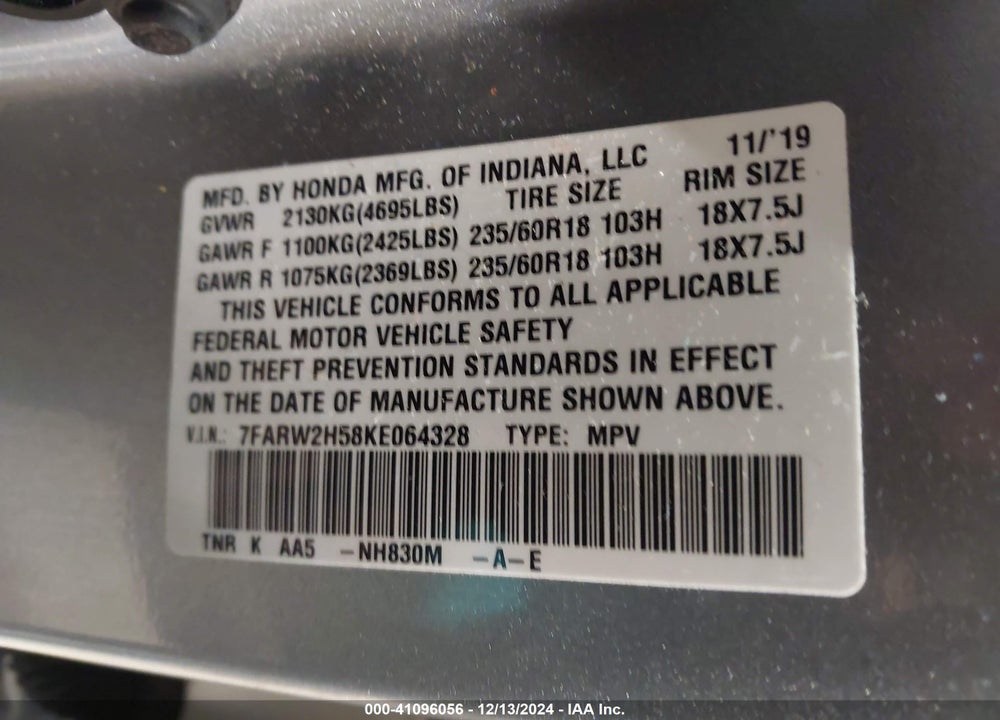 2019 HONDA CR-V EX VIN: 7FARW2H58KE064328