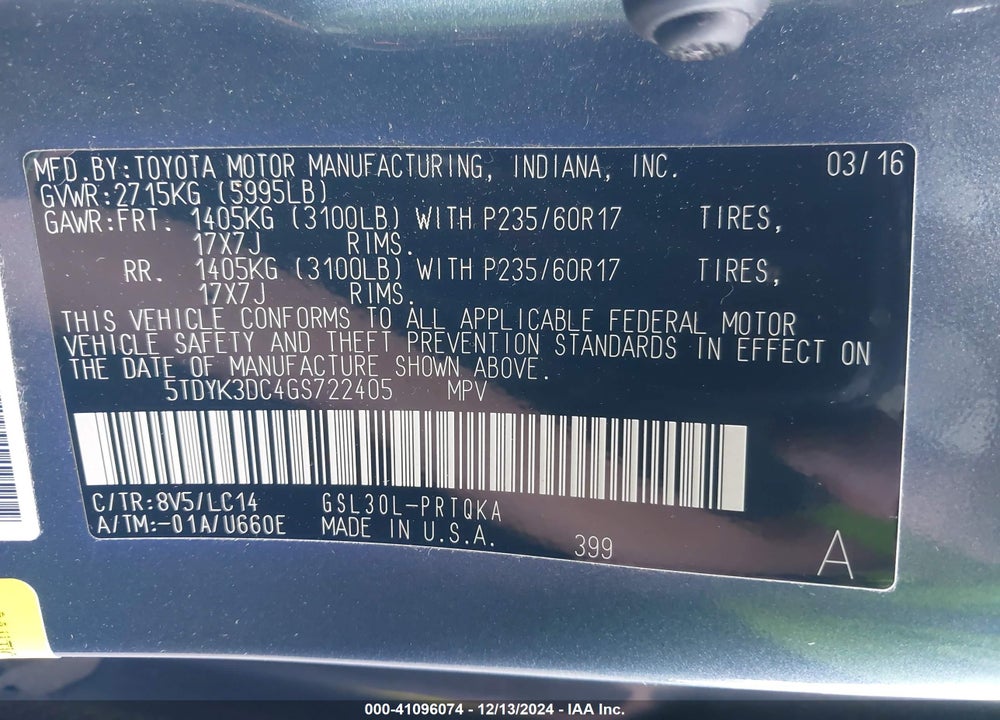 2016 TOYOTA SIENNA XLE PREMIUM 8 PASSENGER VIN: 5TDYK3DC4GS722405