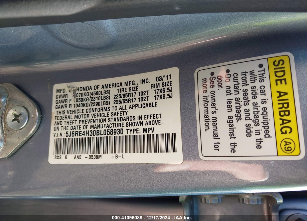 2011 HONDA CR-V LX VIN: 5J6RE4H30BL058930