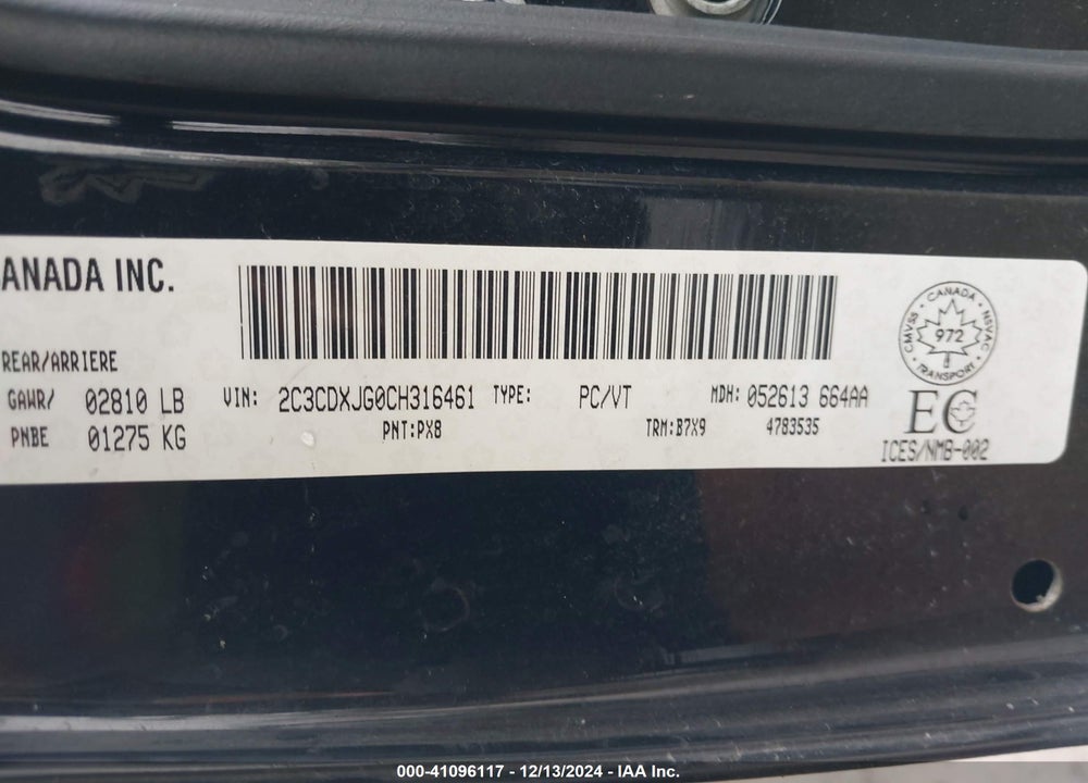 2012 DODGE CHARGER VIN: 2C3CDXJG0CH316461