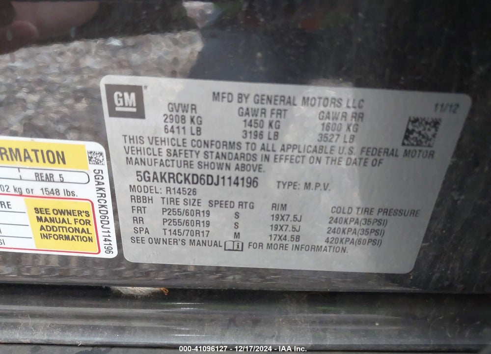2013 BUICK ENCLAVE LEATHER VIN: 5GAKRCKD6DJ114196