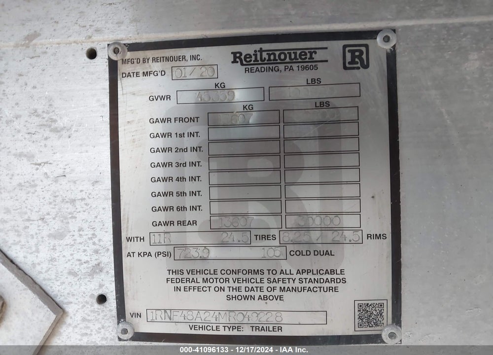 2021 REITNOUER TRAILER VIN: 1RNF48A24MR049228