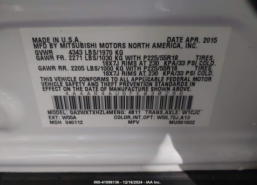 2015 MITSUBISHI OUTLANDER SPORT SE VIN: 4A4AR4AU6FE030286