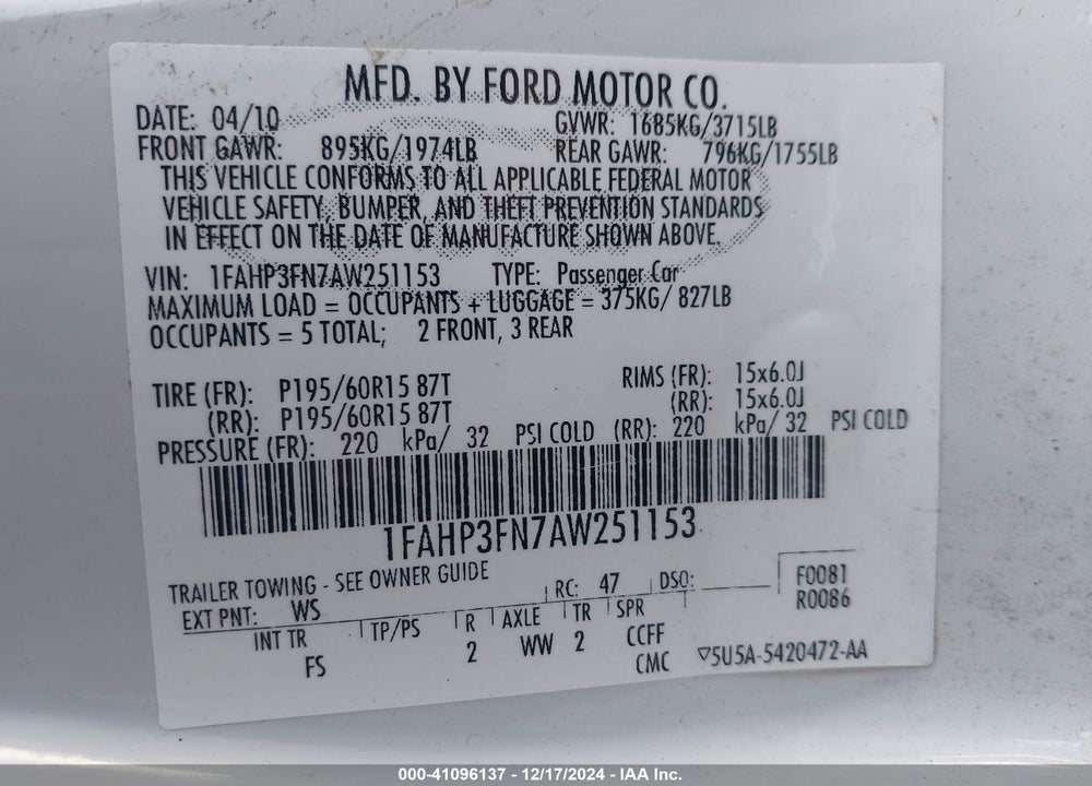 2010 FORD FOCUS SE VIN: 1FAHP3FN7AW251153