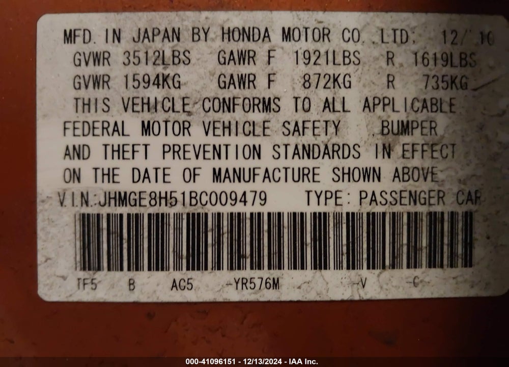 2011 HONDA FIT SPORT VIN: JHMGE8H51BC009479