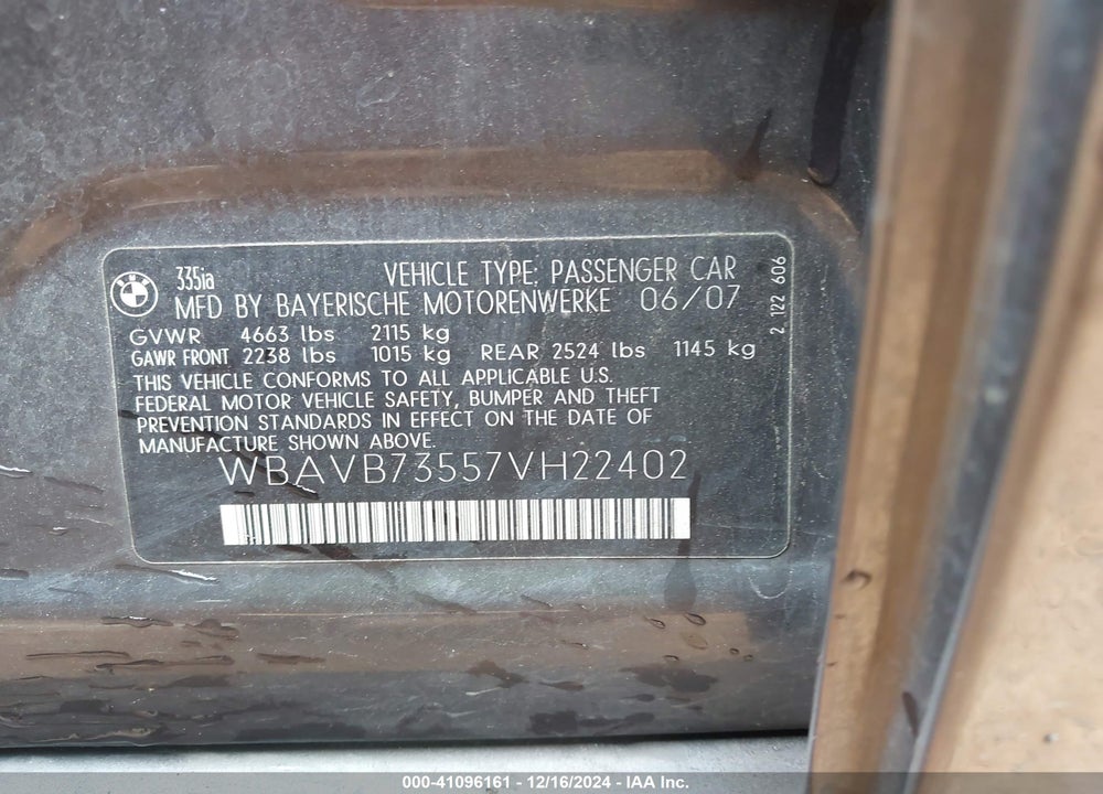 2007 BMW 3 SERIES VIN: WBAVB73557VH22402