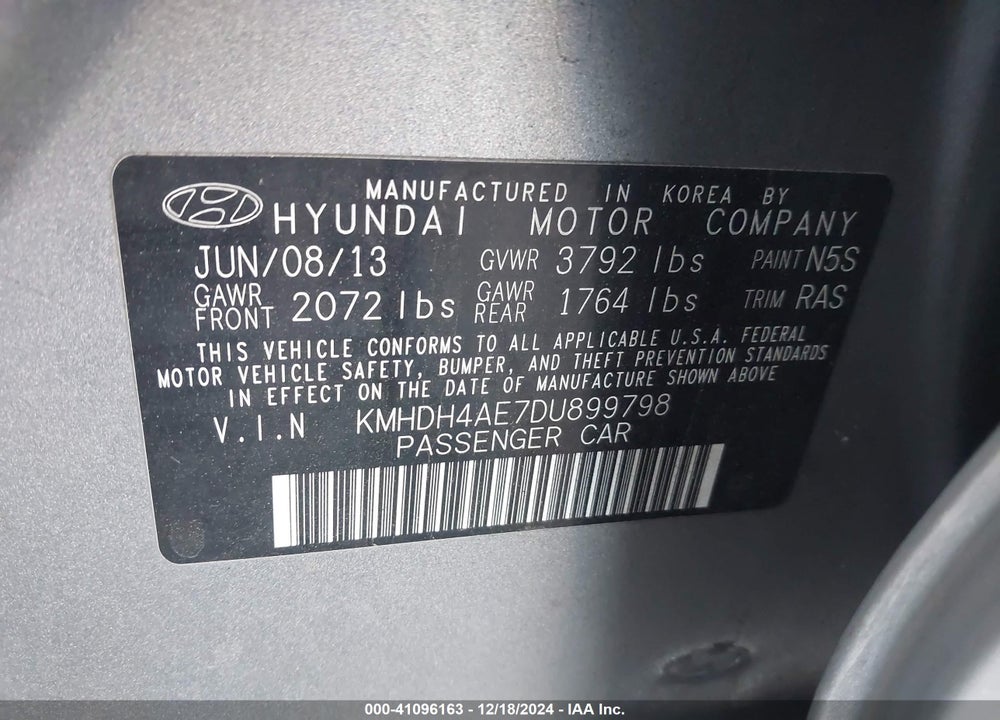 2013 HYUNDAI ELANTRA GLS VIN: KMHDH4AE7DU899798