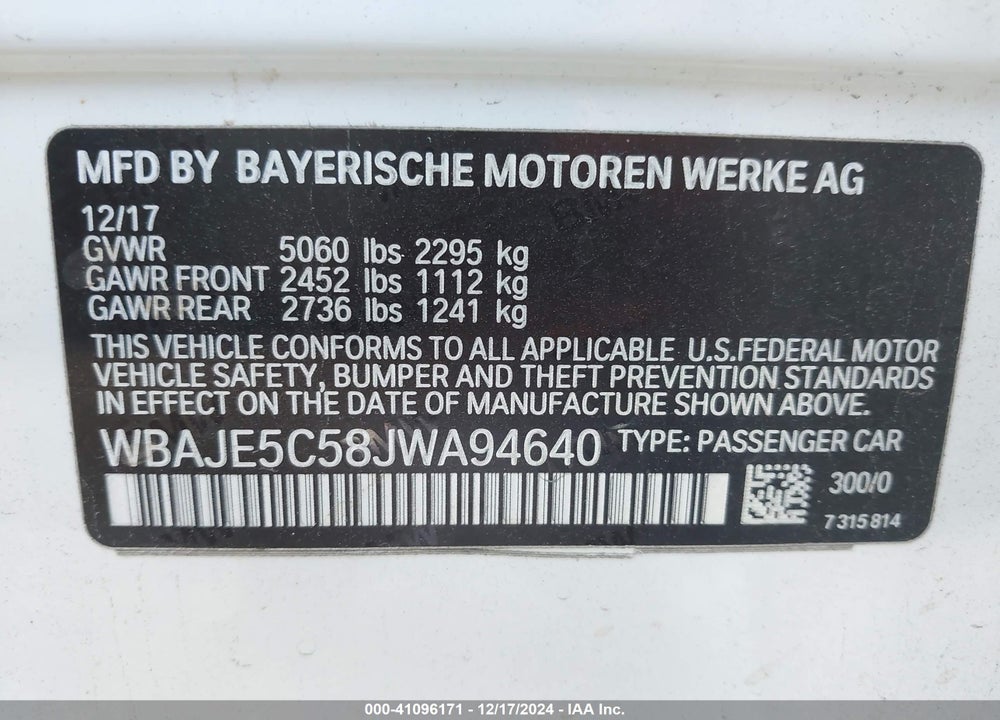 2018 BMW 540I VIN: WBAJE5C58JWA94640