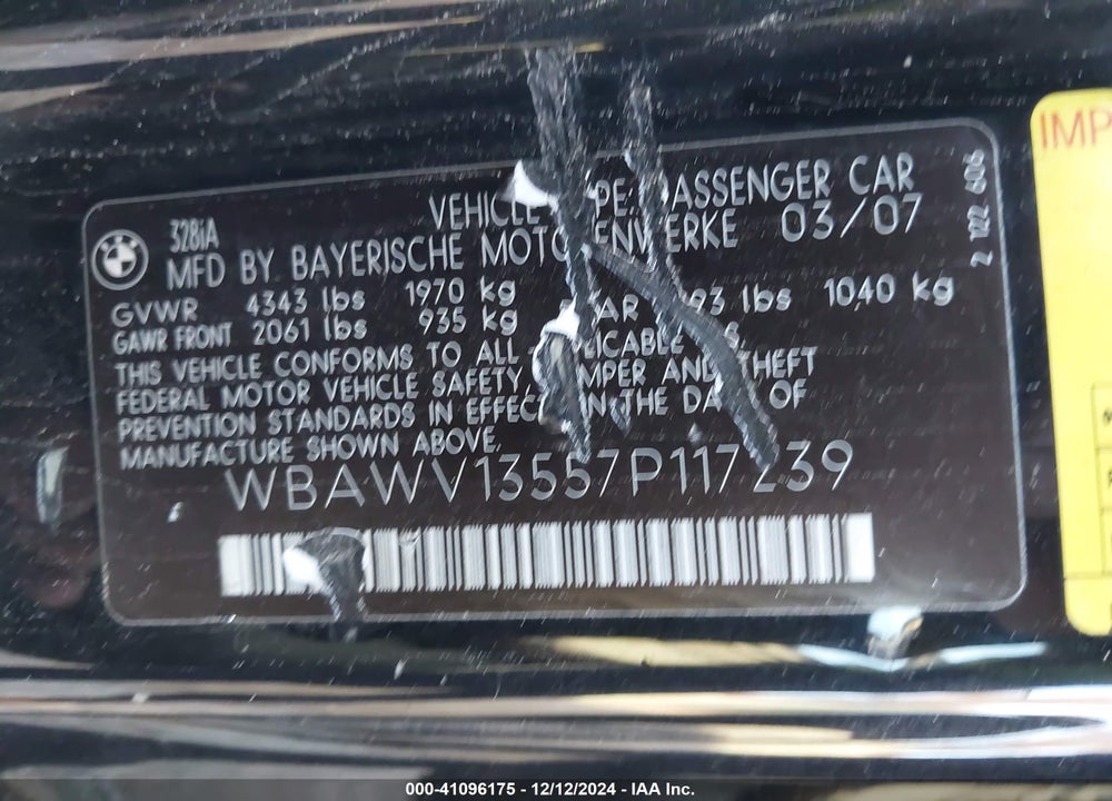 2007 BMW 328I VIN: WBAWV13557P117239