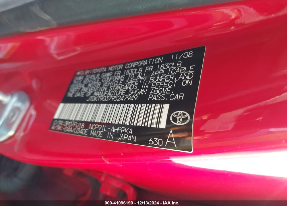 2009 TOYOTA YARIS VIN: JTDKT903795247949