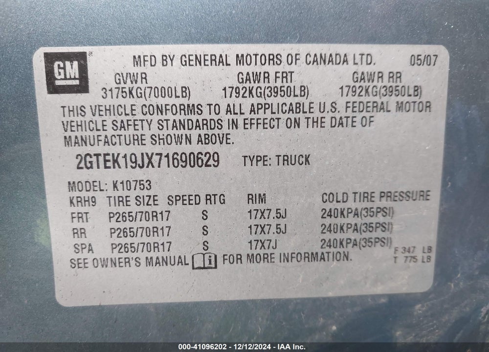 2007 GMC SIERRA 1500 SLT VIN: 2GTEK19JX71690629