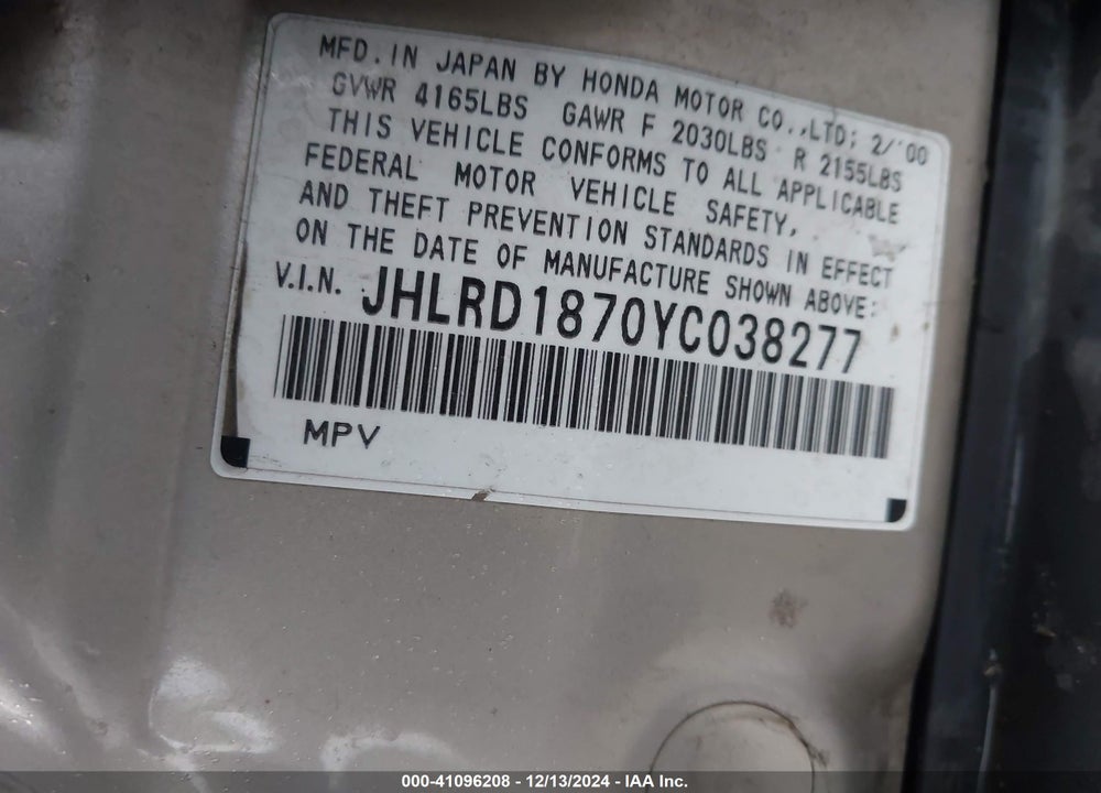 2000 HONDA CR-V SPECIAL EDITION VIN: JHLRD1870YC038277